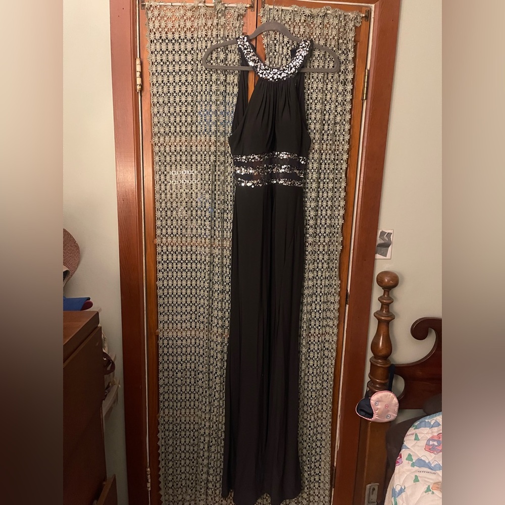 Blondie Nites Black Backless Evening Gown with Silver Sequin Accents